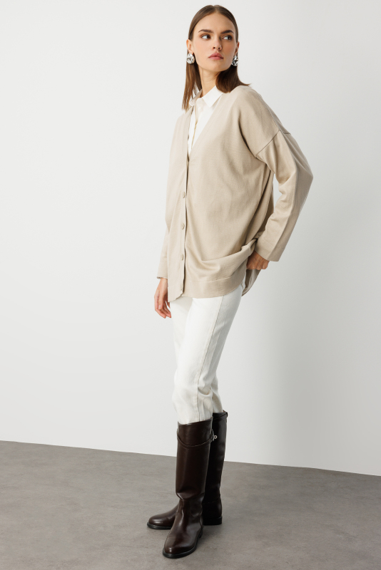 Mizalle Ekstra Oversize Düşük Kol Basic Bej Rengi İnce Triko · 4