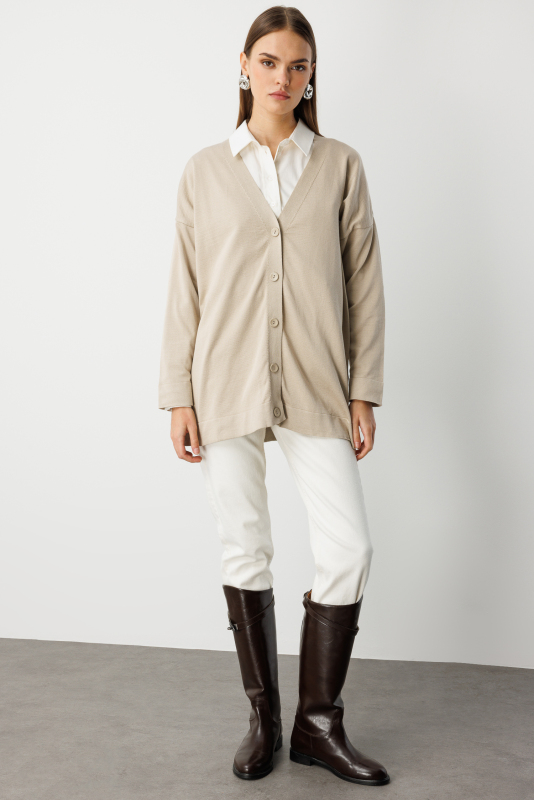 Mizalle Ekstra Oversize Düşük Kol Basic Bej Rengi İnce Triko · 5