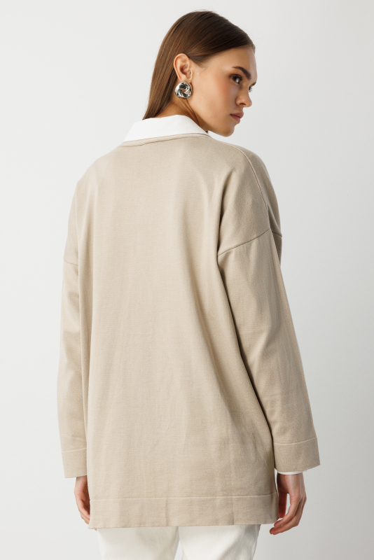 Mizalle Ekstra Oversize Düşük Kol Basic Bej Rengi İnce Triko · 6