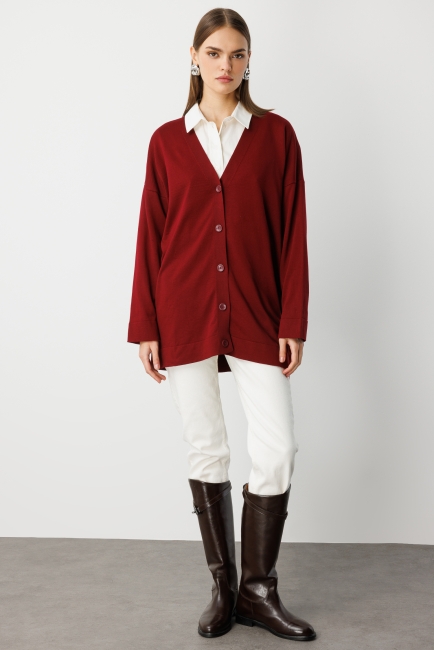 Mizalle Ekstra Oversize Düşük Kol Basic Bordo İnce Triko Hırka - Mizalle (1)