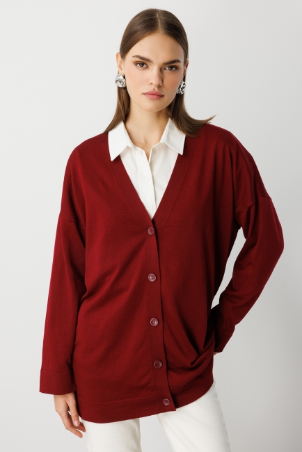 Mizalle Ekstra Oversize Düşük Kol Basic Bordo İnce Triko Hırka - Mizalle