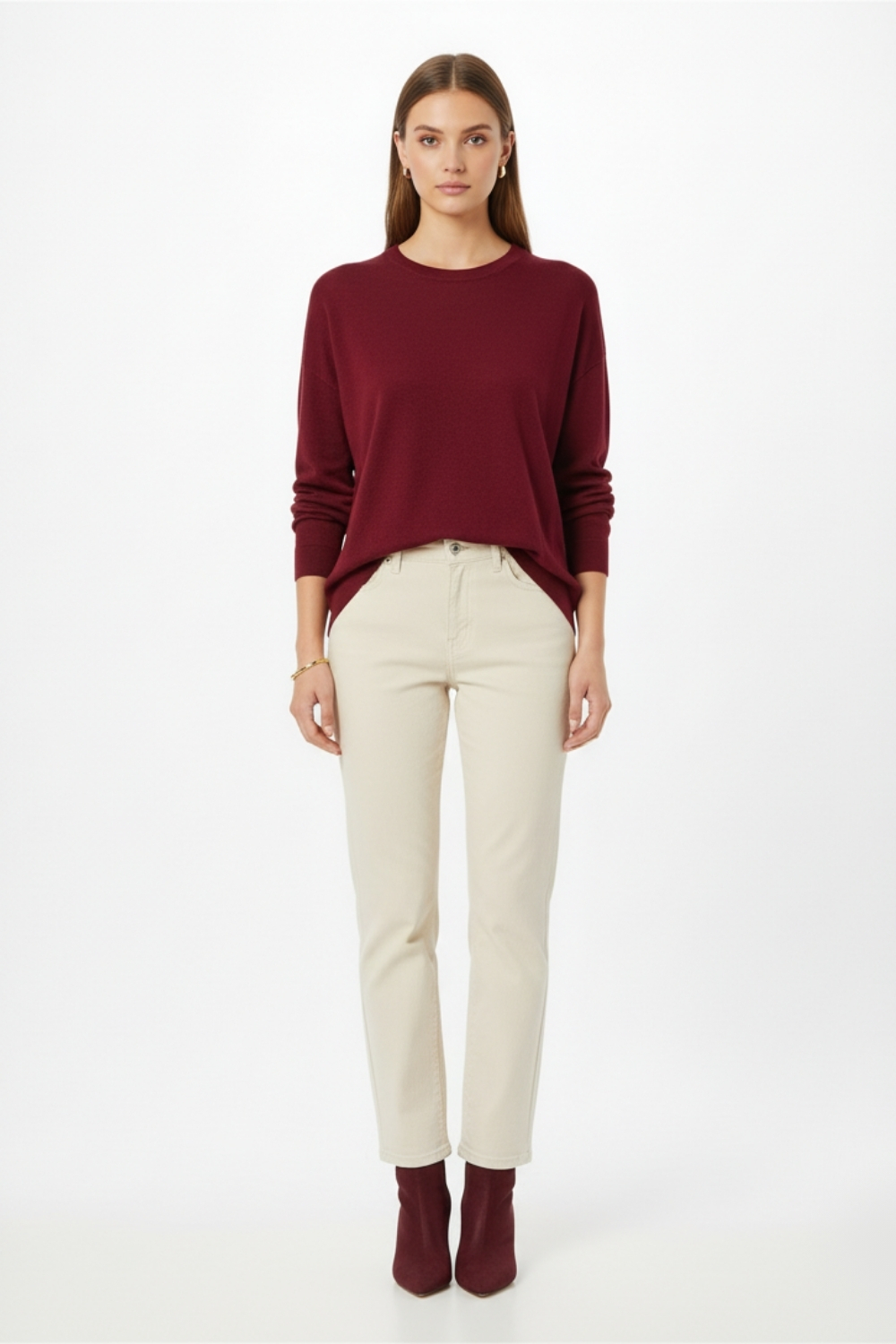Mizalle Ekstra Oversize Düşük Kol Basic Bordo İnce Triko Kazak