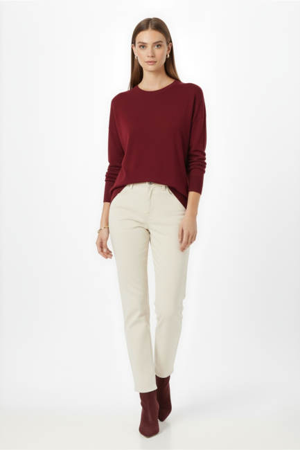 Mizalle Ekstra Oversize Düşük Kol Basic Bordo İnce Triko Kazak - Mizalle (1)