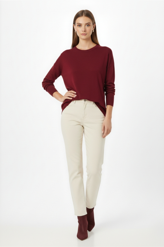 Mizalle Ekstra Oversize Düşük Kol Basic Bordo İnce Triko Kazak · 5