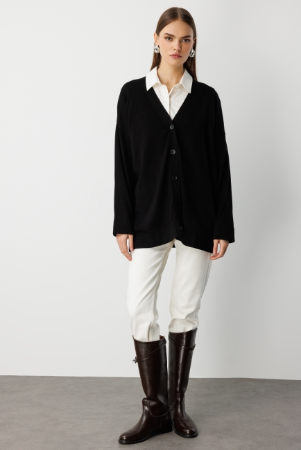 Mizalle Ekstra Oversize Düşük Kol Basic Siyah İnce Triko Hırka - Mizalle (1)