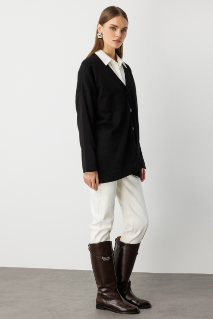 Mizalle Ekstra Oversize Düşük Kol Basic Siyah İnce Triko Hırka - Mizalle