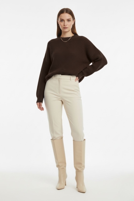 Mizalle Ekstra Oversize Düşük Kollu Selanik Örgü Kahverengi Kazak - Mizalle (1)