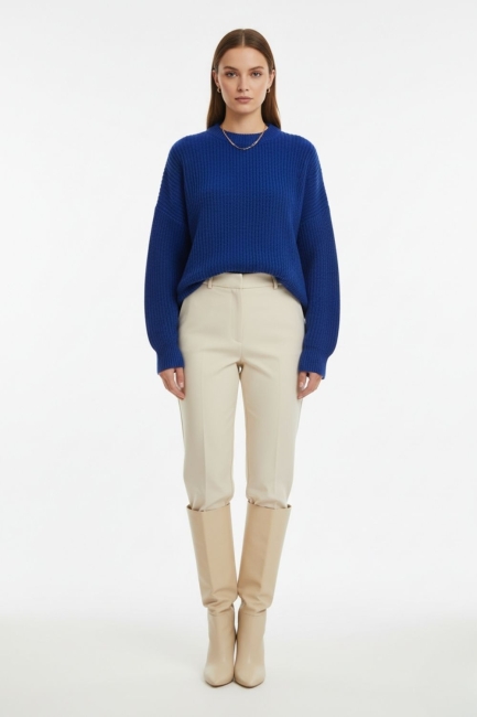 Mizalle Ekstra Oversize Düşük Kollu Selanik Örgü Saks Mavi Kazak - Mizalle (1)