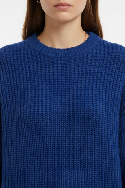 Mizalle Ekstra Oversize Düşük Kollu Selanik Örgü Saks Mavi Kazak - Mizalle