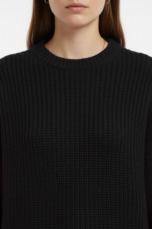 Mizalle Ekstra Oversize Düşük Kollu Selanik Örgü Siyah Kazak · 5