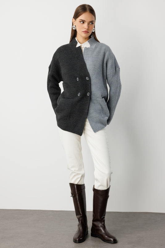 Mizalle Ekstra Oversize Gri Renk Bloklu Cepli Kalın T · 3