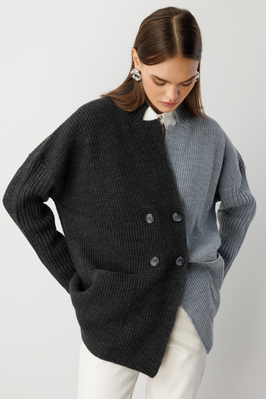 Mizalle Ekstra Oversize Gri Renk Bloklu Cepli Kalın T · 2