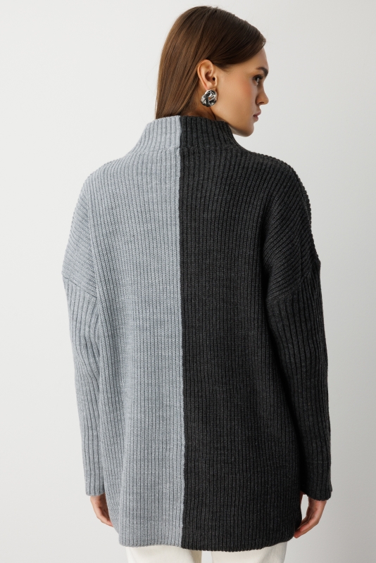 Mizalle Ekstra Oversize Gri Renk Bloklu Cepli Kalın T · 5