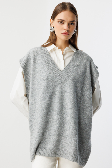 Mizalle Ekstra Oversize V Yaka Uzun Gri Süveter - Mizalle (1)