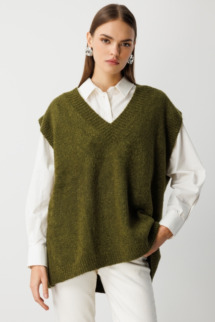 Mizalle Ekstra Oversize V Yaka Uzun Haki Süveter - Mizalle (1)