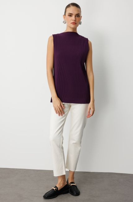 Mizalle Full İnce Pilise Mor Kolsuz Şifon Bluz - Mizalle (1)