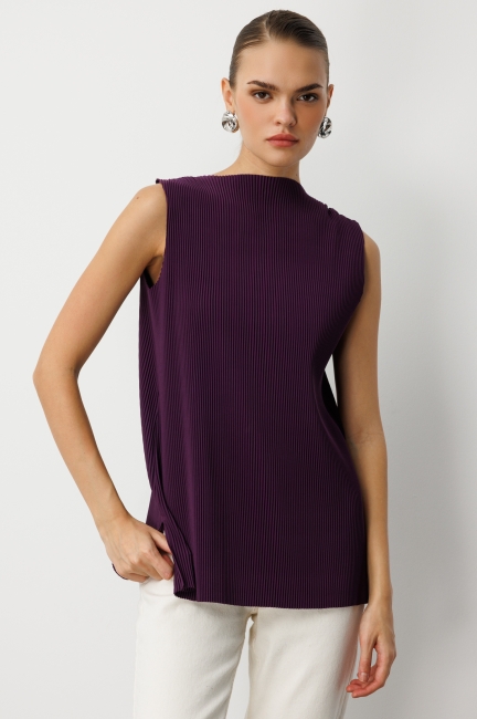Mizalle Full İnce Pilise Mor Kolsuz Şifon Bluz - Mizalle