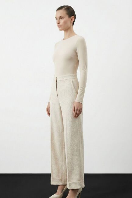 Mizalle Geniş Double Paça Simli Ekru Tüvit Pantolon - Mizalle (1)