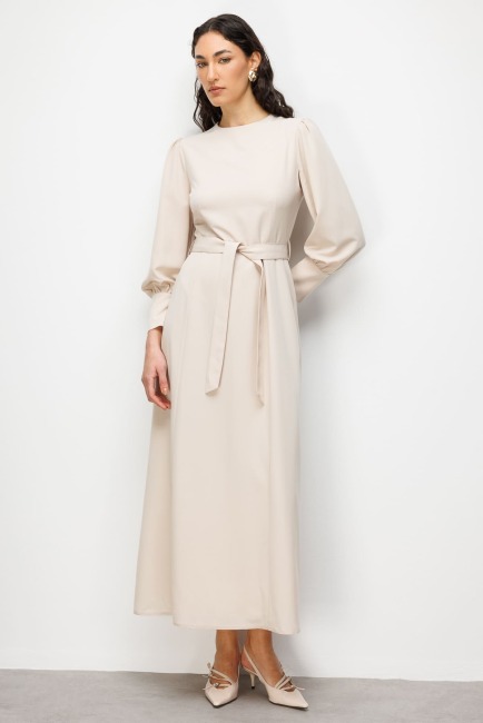 Mizalle Geniş Kol Manşetli Bej Rengi Maksi Kloş Elbise - Mizalle (1)