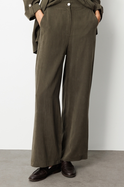 Mizalle Geniş Paça beli Lastikli Haki Cupro Pantolon - Mizalle