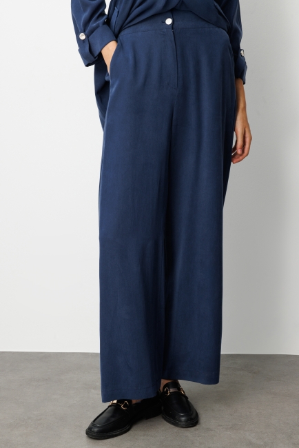 Mizalle Geniş Paça Beli Lastikli İndigo Mavi Cupro Pantolon - Mizalle (1)