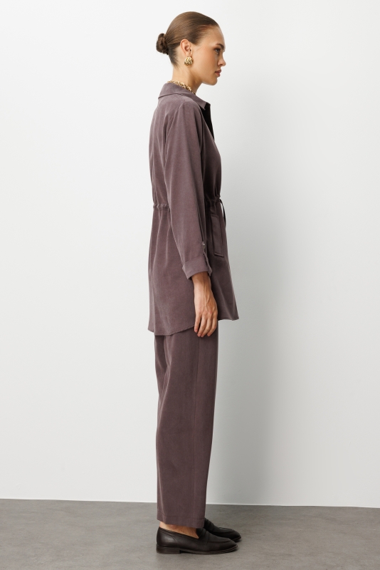 Mizalle Geniş Paça Beli Lastikli  Kahverengi Cupro Pantolon · 3
