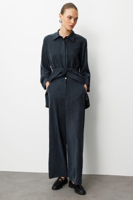 Mizalle Geniş Paça Beli Lastikli Siyah Cupro Pantolon - Mizalle (1)