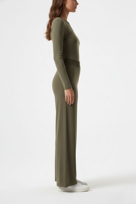 Mizalle Geniş Paça Lastikli Haki Triko Pantolon - Mizalle (1)