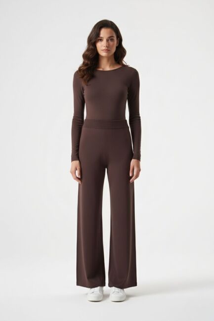 Mizalle Geniş Paça Lastikli Kahverengi Triko Pantolon - Mizalle