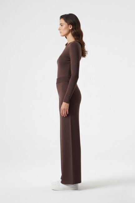 Mizalle Geniş Paça Lastikli Kahverengi Triko Pantolon - Mizalle (1)