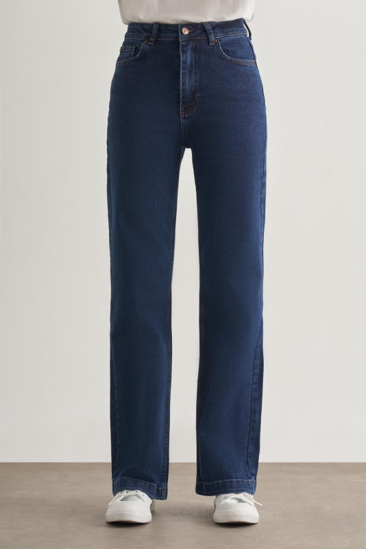 Mizalle Geniş Paça Yüksek Bel Koyu Mavi Denim Pantolon · 2