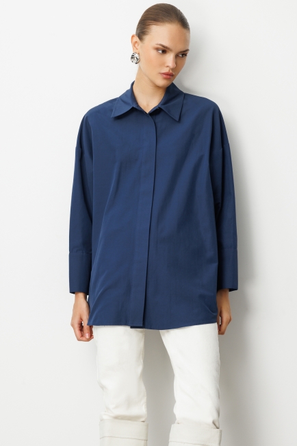 Mizalle Geniş Patlı Pamuklu Lacivert Tunik - Mizalle