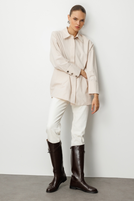 Mizalle Geniş Patlı Pamuklu Taş Rengi Tunik - Mizalle