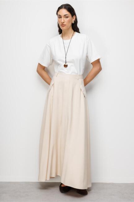 Mizalle Geniş Volanlı Cepli Bej Rengi Evaze Maksi Etek - Mizalle