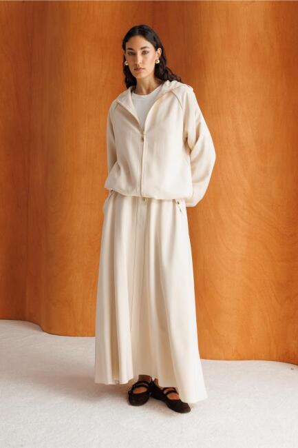 Mizalle Geniş Volanlı Cepli Bej Rengi Evaze Maksi Etek - Mizalle (1)
