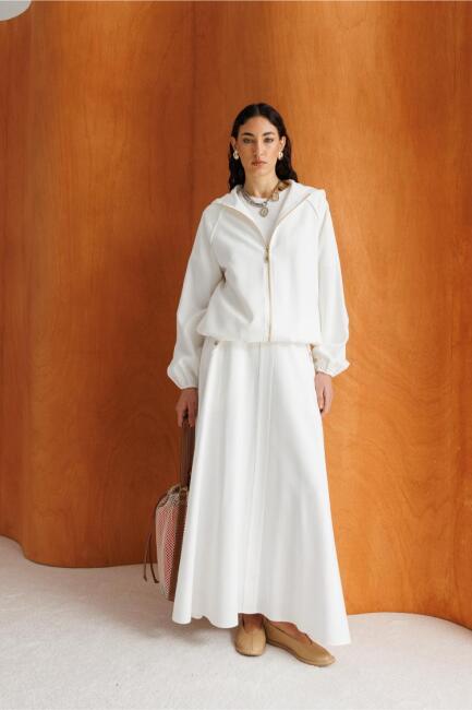 Mizalle Geniş Volanlı Cepli Beyaz Evaze Maksi Etek - Mizalle (1)
