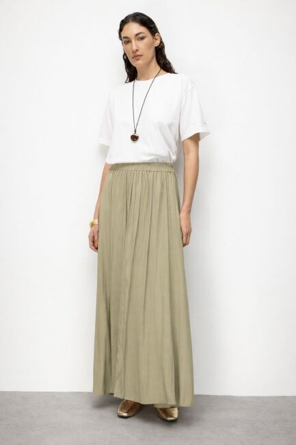 Mizalle Haki Kırışık Görünümlü Saten Maksi Etek - Mizalle
