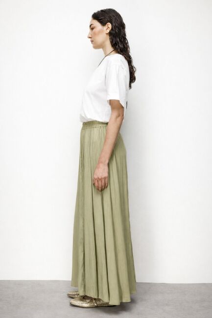 Mizalle Haki Kırışık Görünümlü Saten Maksi Etek - Mizalle (1)