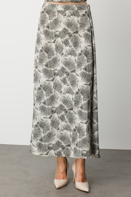 Mizalle Haki Yeşil Yaprak Desenli Uzun Evaze Etek - Mizalle (1)