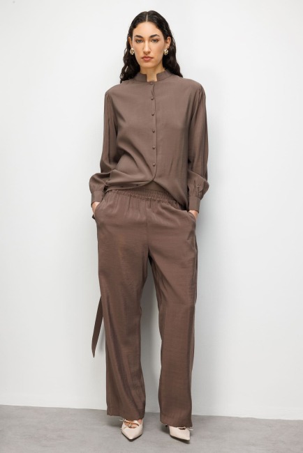 Mizalle Hakim Yaka Modal Dokulu Kahverengi Tunik - Mizalle (1)