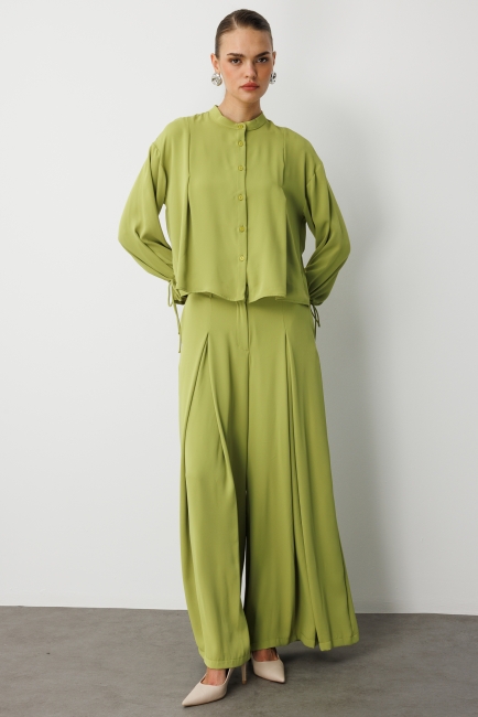 Mizalle Hakim Yaka Piliseli Şifon Kısa Yeşil Gömlek - Mizalle (1)