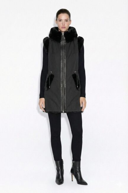 Mizalle İçi Kürklü Bel Büzgülü Uzun Siyah Yelek - Mizalle