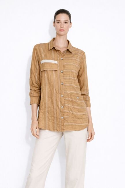 Mizalle İnce Çizgili Camel Cepli Tunik Gömlek - Mizalle