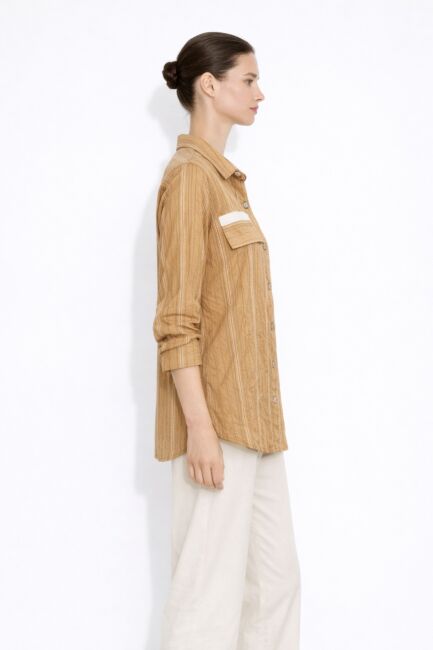 Mizalle İnce Çizgili Camel Cepli Tunik Gömlek - Mizalle (1)