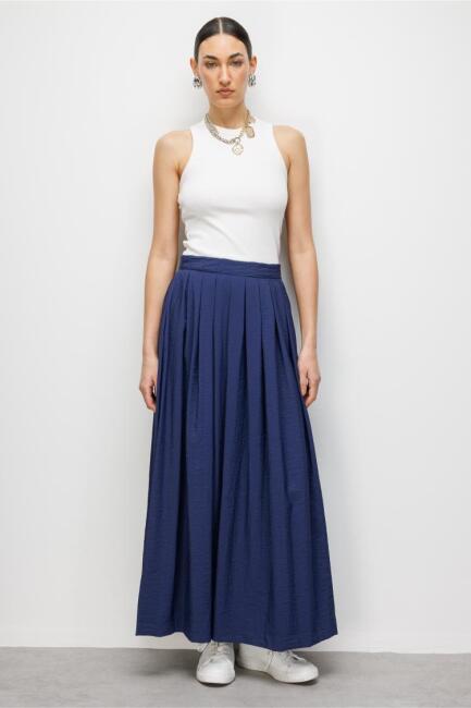 Mizalle İnce Piliseli Lacivert Maksi Yazlık Etek - Mizalle
