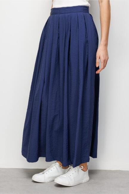 Mizalle İnce Piliseli Lacivert Maksi Yazlık Etek - Mizalle (1)