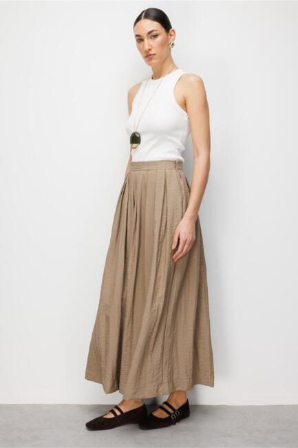 Mizalle İnce Piliseli Vizon Rengi Maksi Yazlık Etek - Mizalle (1)