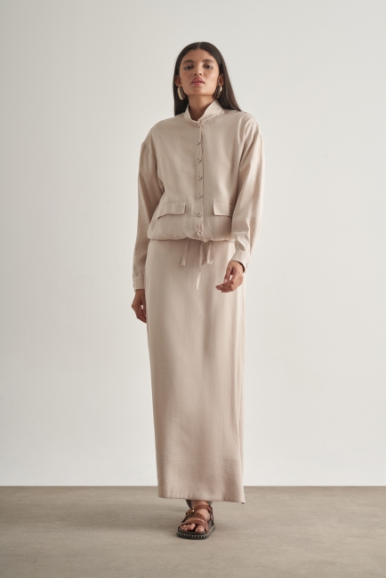 Mizalle İp Büzgülü Torba Cepli Modal Karışımlı Taş Rengi Ceket - Mizalle