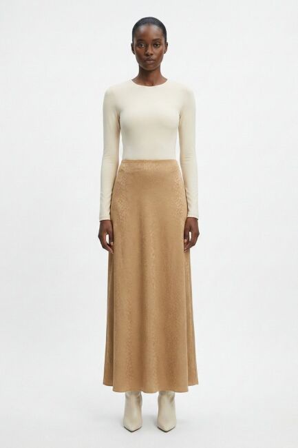 Mizalle Jakarlı Bej Rengi Maksi Etek - Mizalle (1)