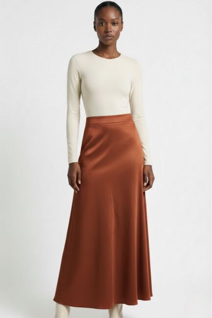 Mizalle Jakarlı Kiremit Rengi Maksi Etek - Mizalle